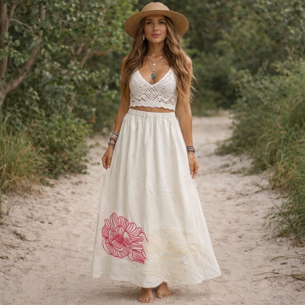 Laffaire Los‎ Angeles Cream Floral Embroidered Maxi Skirt Elastic Waist NEW